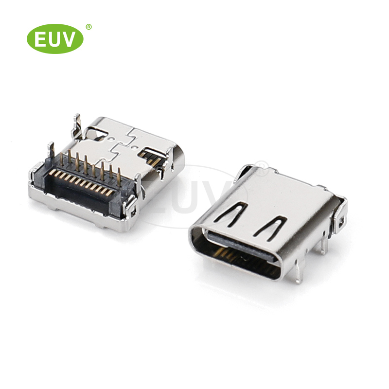 24P 臥式板上 帶雙壓片 SMT+DIP結合 Type-C母座連接器